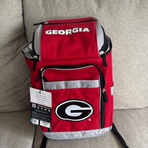 Red and Black Structured Backpack with Multiple Compartments